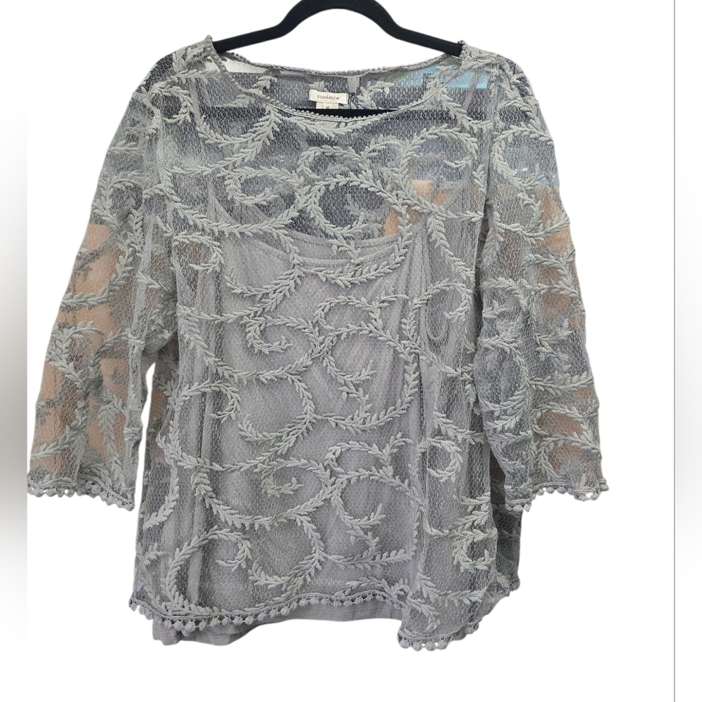 Sundance XL Gray Embroidered Sheer Lace Blouse‎ Boho Romantic Top Cottagecore